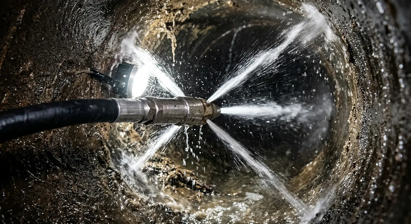 High-pressure hydro jetting nozzle cleaning sewer pipe for Emergency Drain Service in Lexington