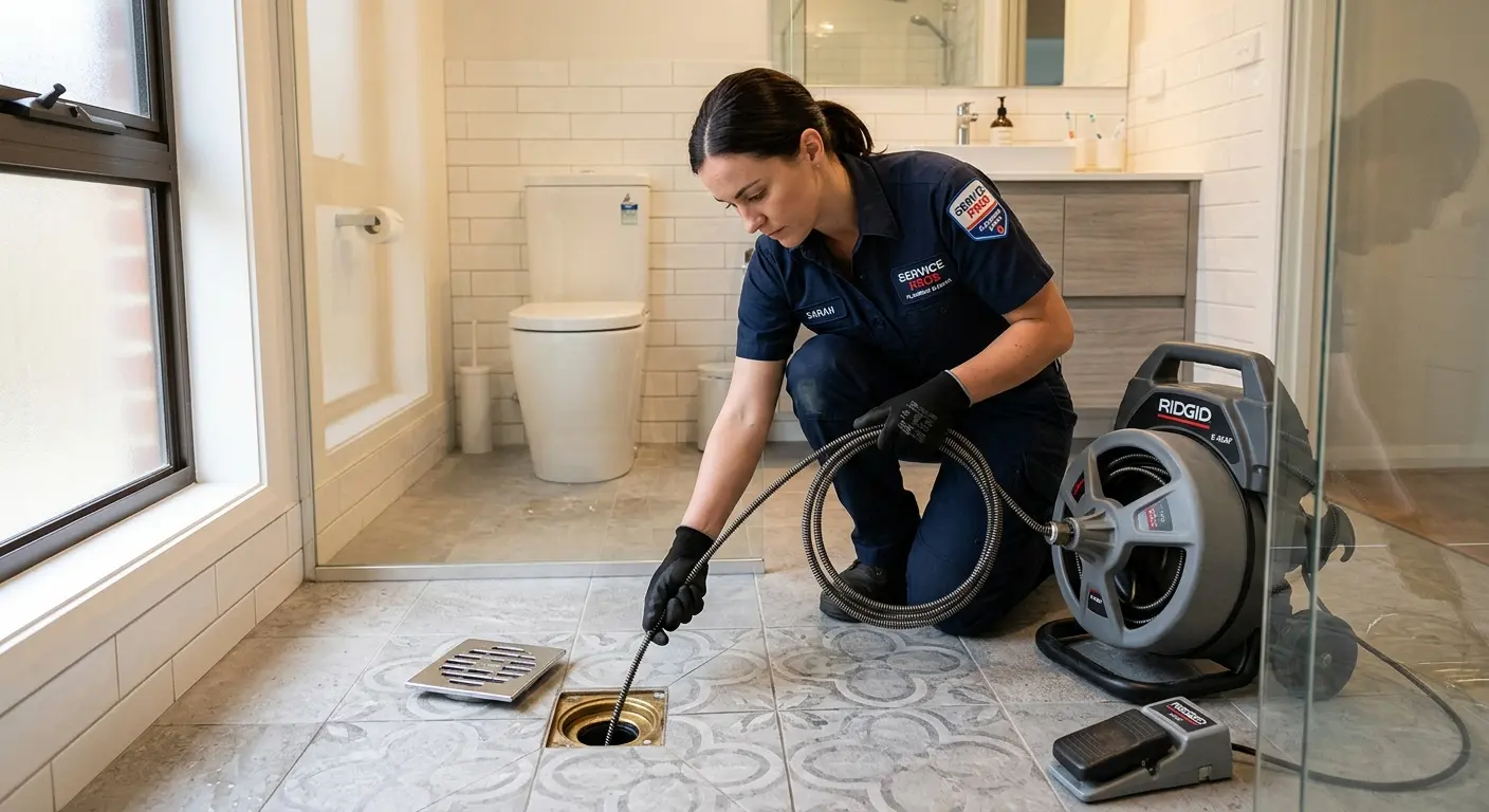 Technician clearing a bathroom floor drain for Sewer Line Replacement in Lexington